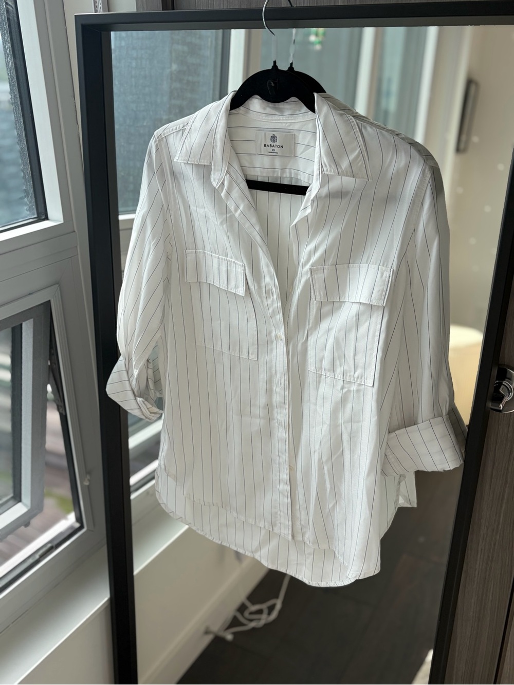Babaton White Shirt with Thin Black Pinstripes